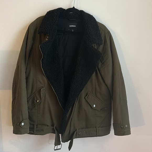 Express Olive Black Fleece Asymmetrical Bomber Jacket - Picture 2 of 5